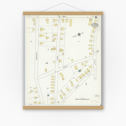 Old map wall art mockup — magnetic wood frame on white wall — Sanborn Fire Insurance Map from Reading, Middlesex County, Massachusetts (1909), Sheet #0008
