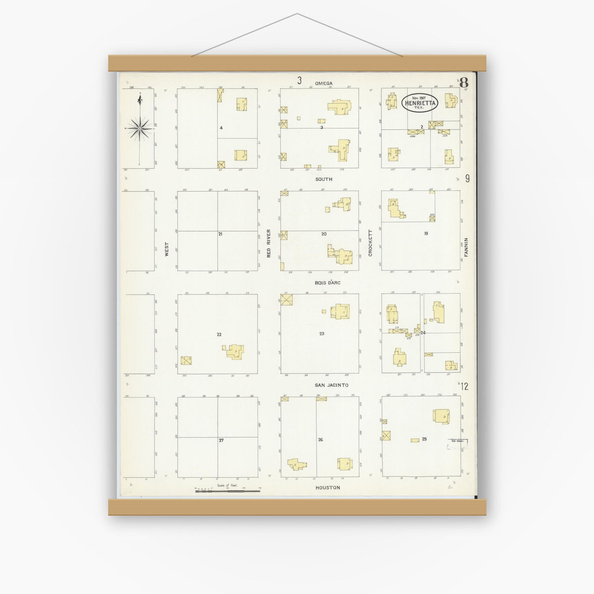Old map wall art mockup — magnetic wood frame on white wall — Sanborn Fire Insurance Map from Henrietta, Clay County, Texas (1907), Sheet #0008
