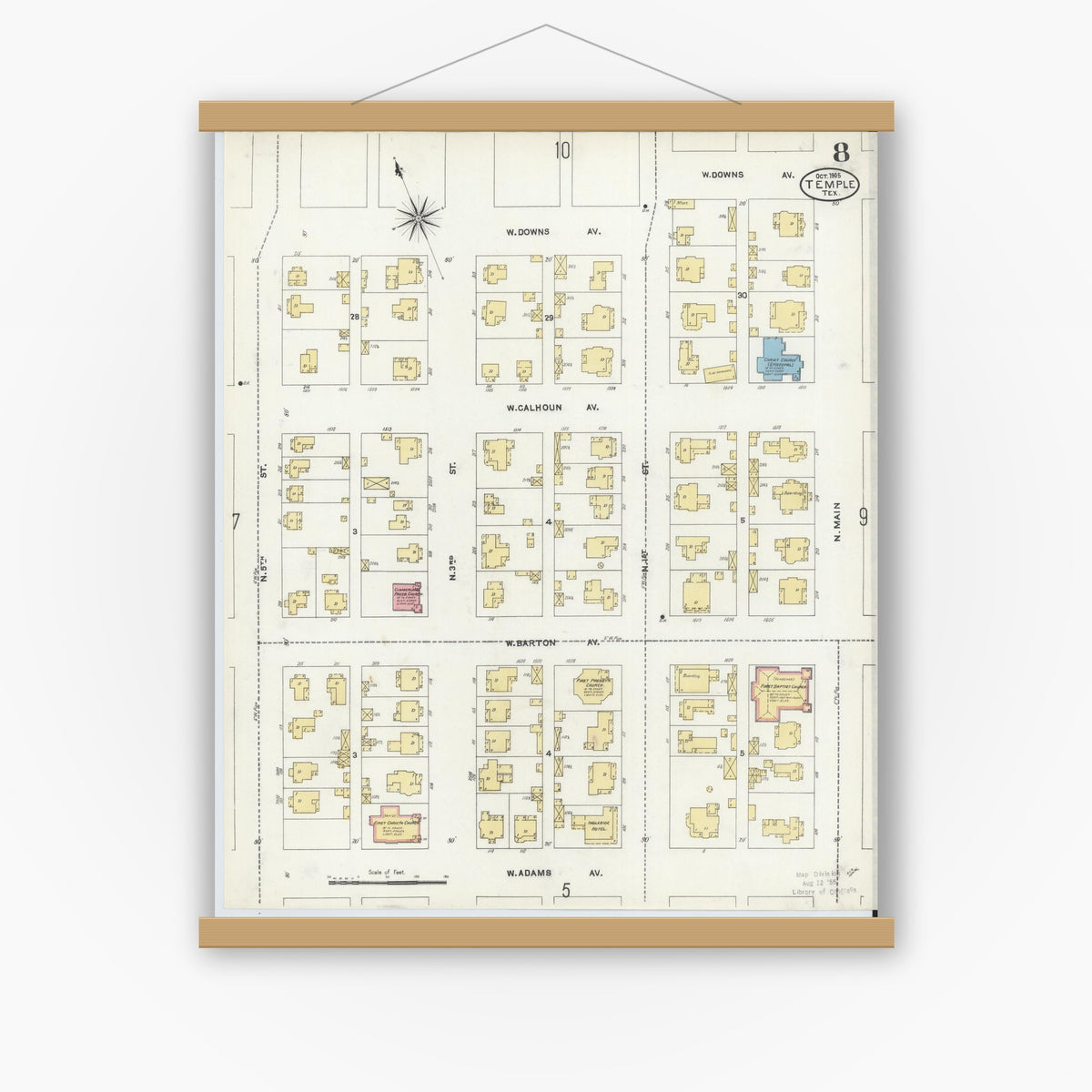 Old map wall art mockup — magnetic wood frame on white wall — Sanborn Fire Insurance Map from Temple, Bell County, Texas (1905), Sheet #0008