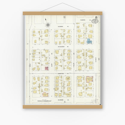 Old map wall art mockup — magnetic wood frame on white wall — Sanborn Fire Insurance Map from Temple, Bell County, Texas (1905), Sheet #0008