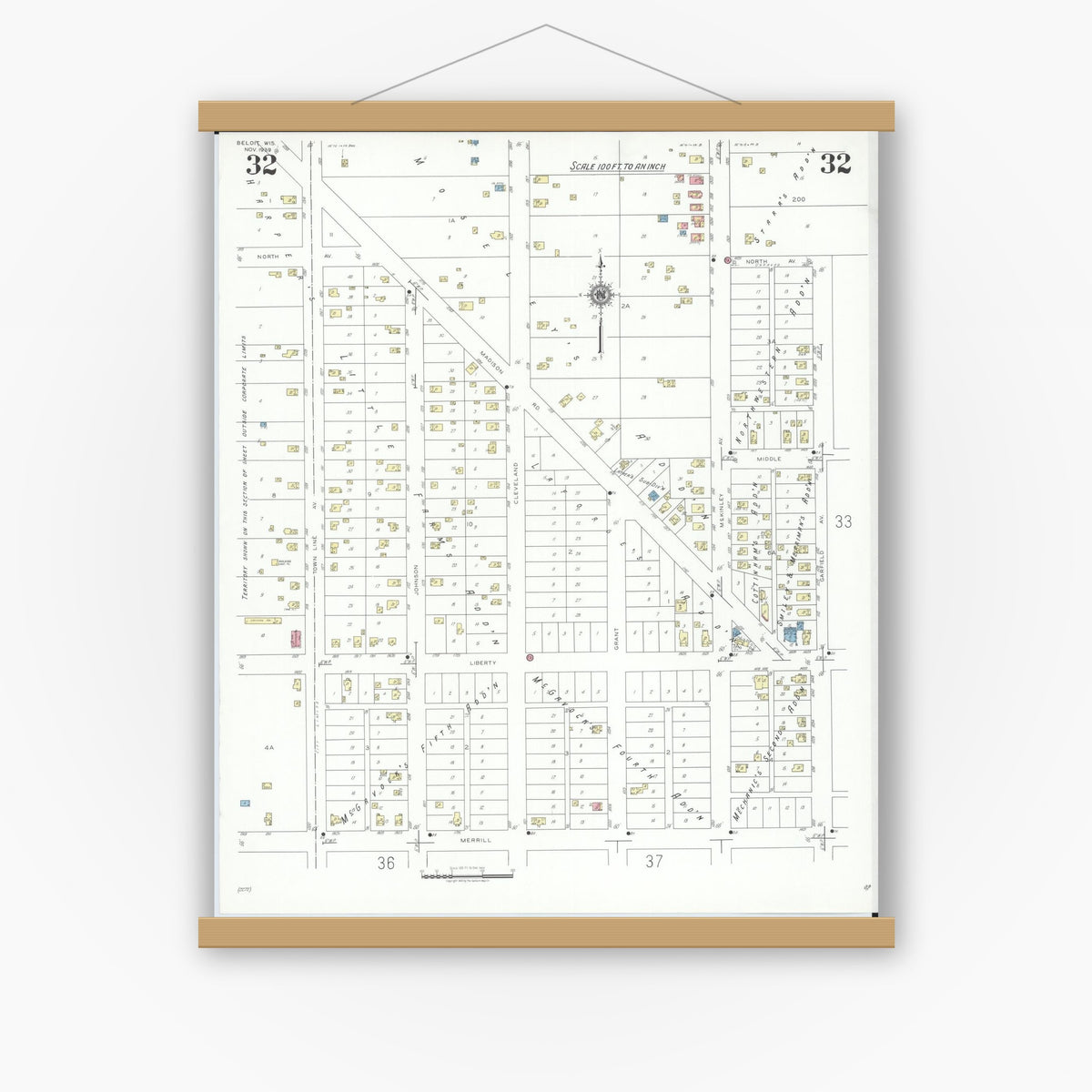 Old map wall art mockup — magnetic wood frame on white wall — Sanborn Fire Insurance Map from Beloit, Rock County, Wisconsin (1939), Sheet #0032