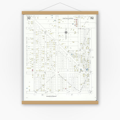 Old map wall art mockup — magnetic wood frame on white wall — Sanborn Fire Insurance Map from Beloit, Rock County, Wisconsin (1939), Sheet #0032