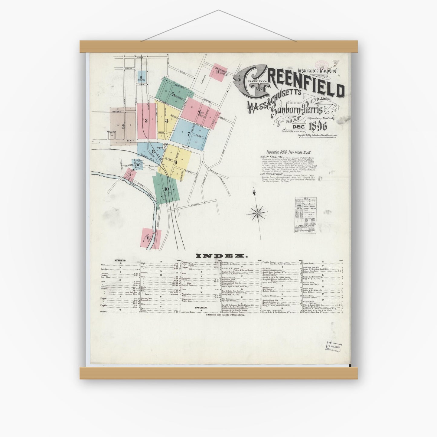 Old map wall art mockup — magnetic wood frame on white wall — Sanborn Fire Insurance Map from Greenfield, Franklin County, Massachusetts (1896), Sheet #0001