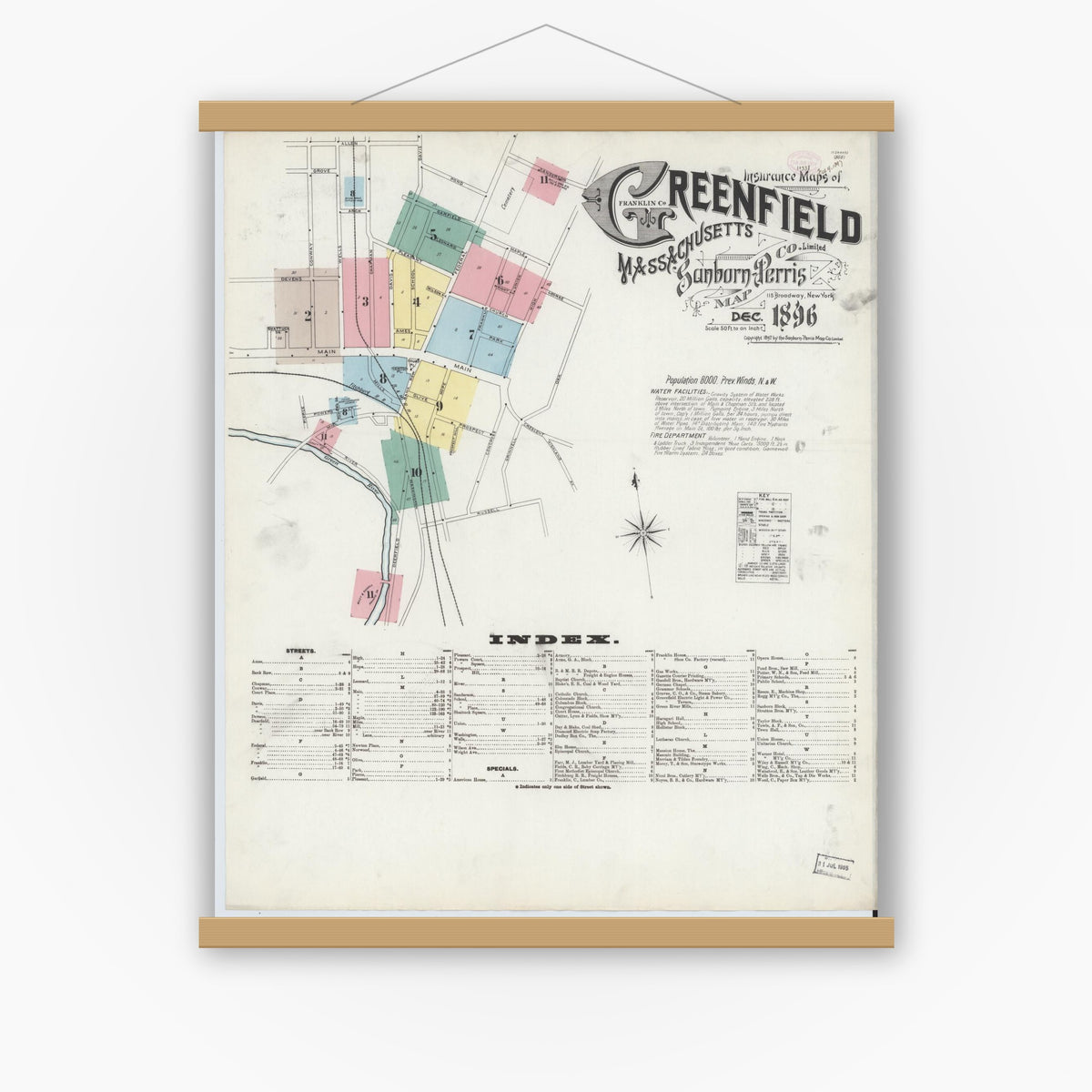 Old map wall art mockup — magnetic wood frame on white wall — Sanborn Fire Insurance Map from Greenfield, Franklin County, Massachusetts (1896), Sheet #0001