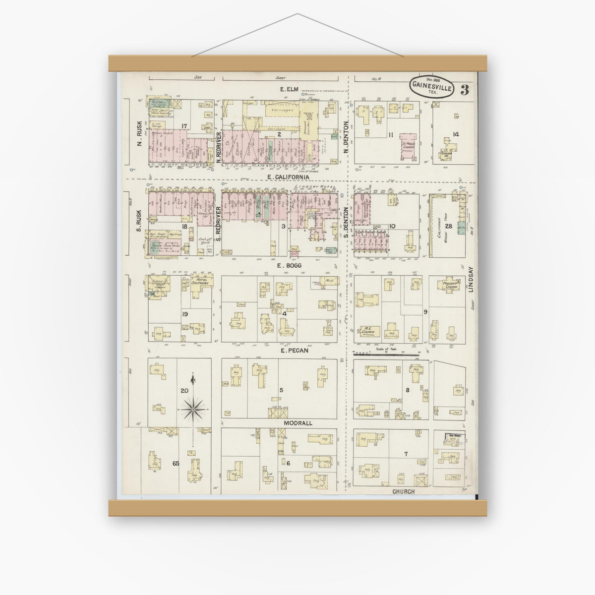 Old map wall art mockup — magnetic wood frame on white wall — Sanborn Fire Insurance Map from Gainesville, Cooke County, Texas (1888), Sheet #0003