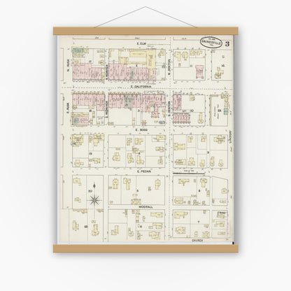 Old map wall art mockup — magnetic wood frame on white wall — Sanborn Fire Insurance Map from Gainesville, Cooke County, Texas (1888), Sheet #0003