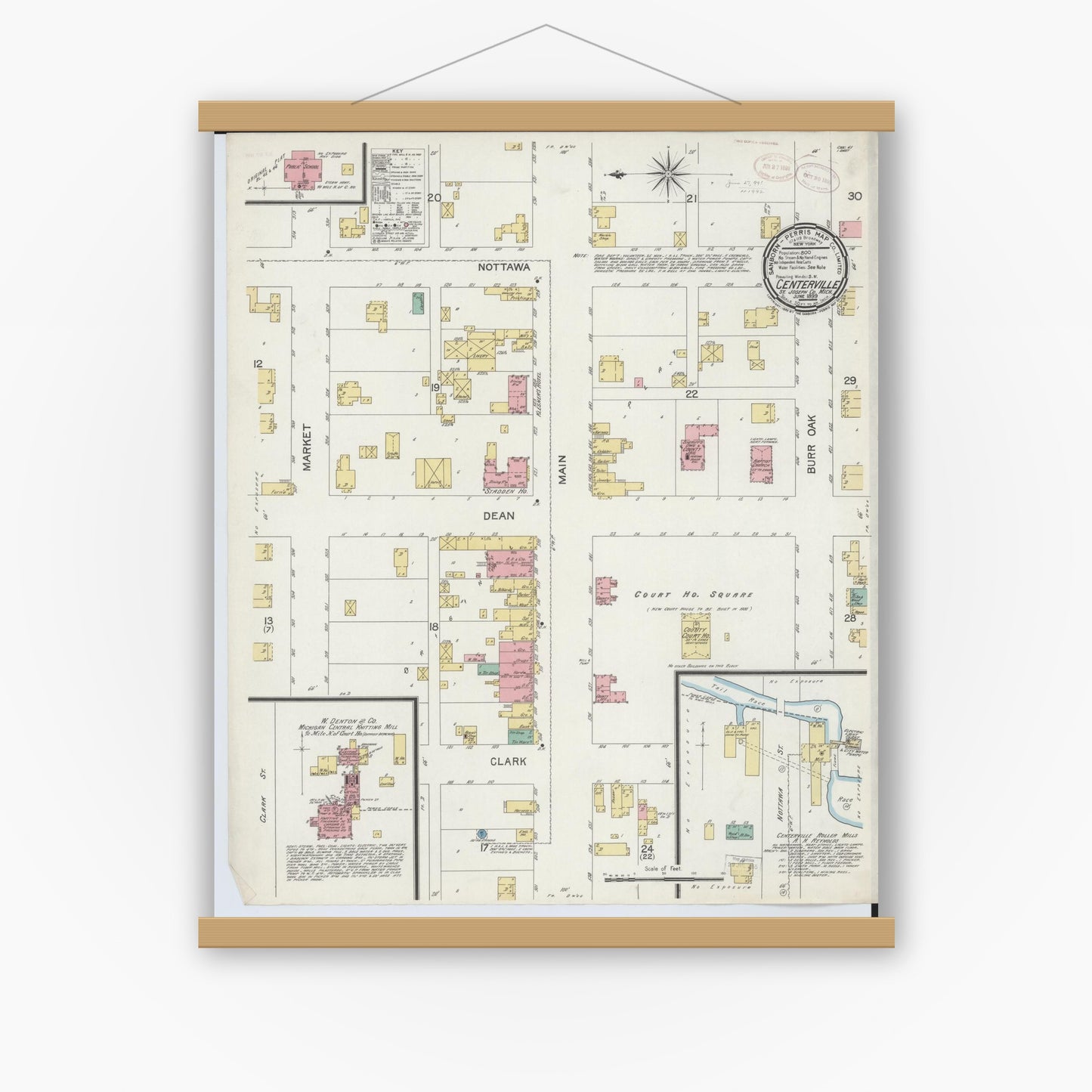 Old map wall art mockup — magnetic wood frame on white wall — Sanborn Fire Insurance Map from Centreville, Saint Joseph County, Michigan (1899), Sheet #0001