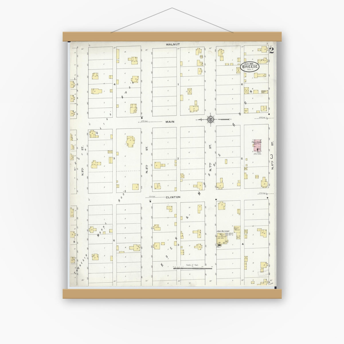 Old map wall art mockup — magnetic wood frame on white wall — Sanborn Fire Insurance Map from Breese, Clinton County, Illinois (1909), Sheet #0002