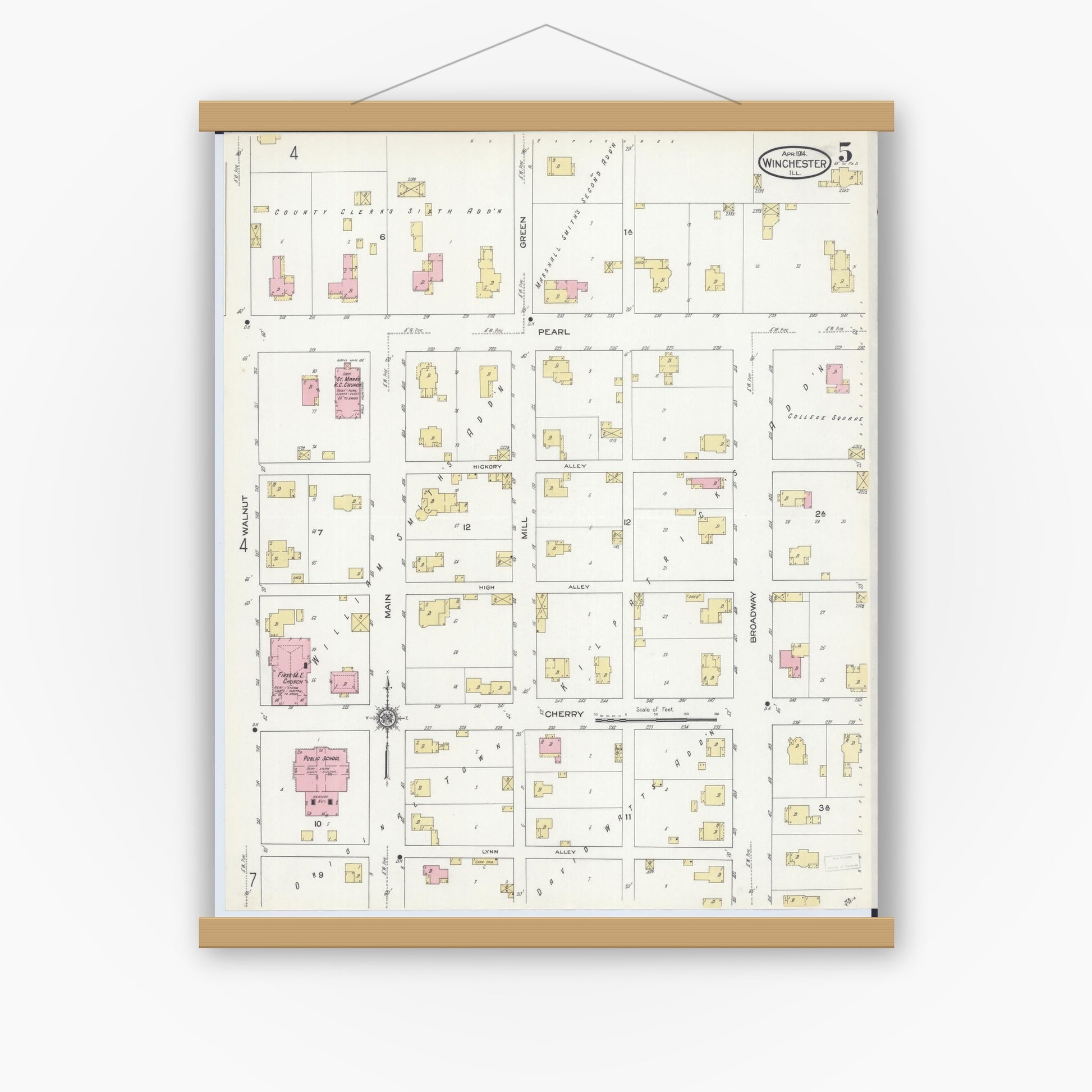 Old map wall art mockup — magnetic wood frame on white wall — Sanborn Fire Insurance Map from Winchester, Scott County, Illinois (1914), Sheet #0005