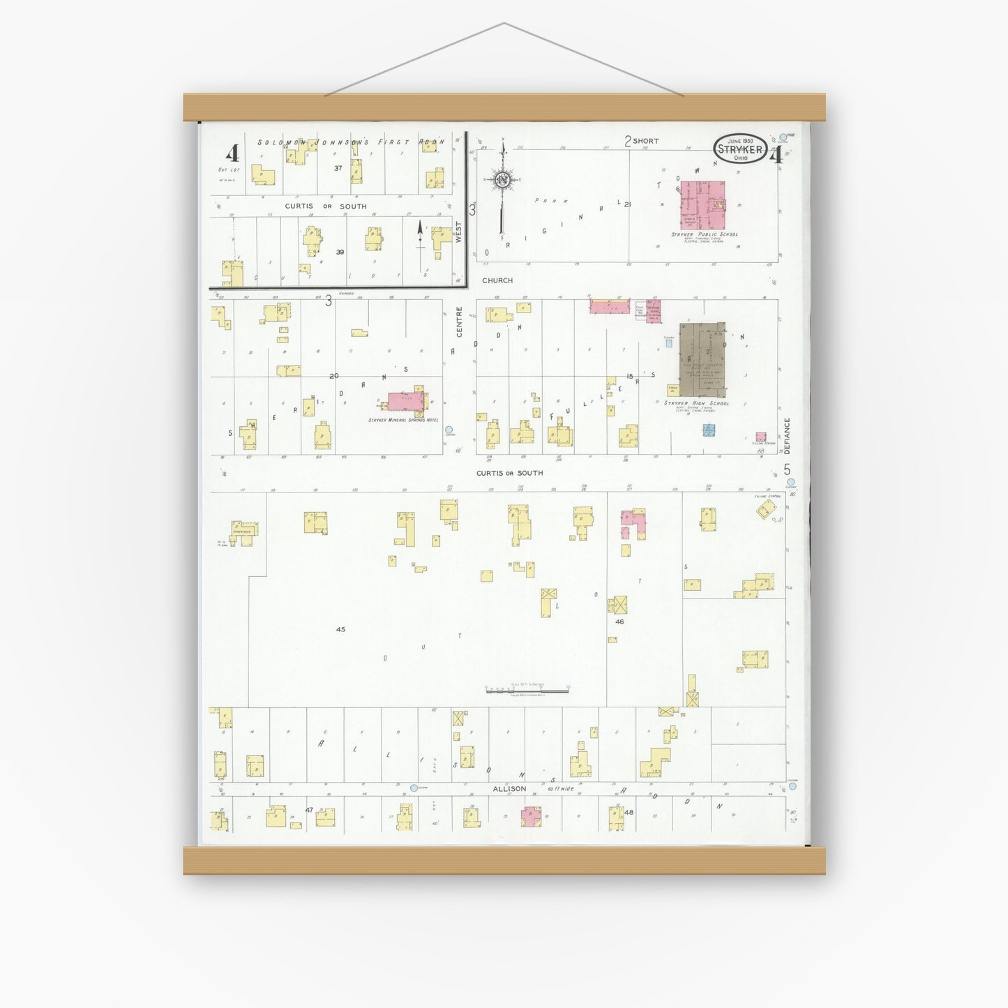Old map wall art mockup — magnetic wood frame on white wall — Sanborn Fire Insurance Map from Stryker, Williams County, Ohio (1930), Sheet #0004