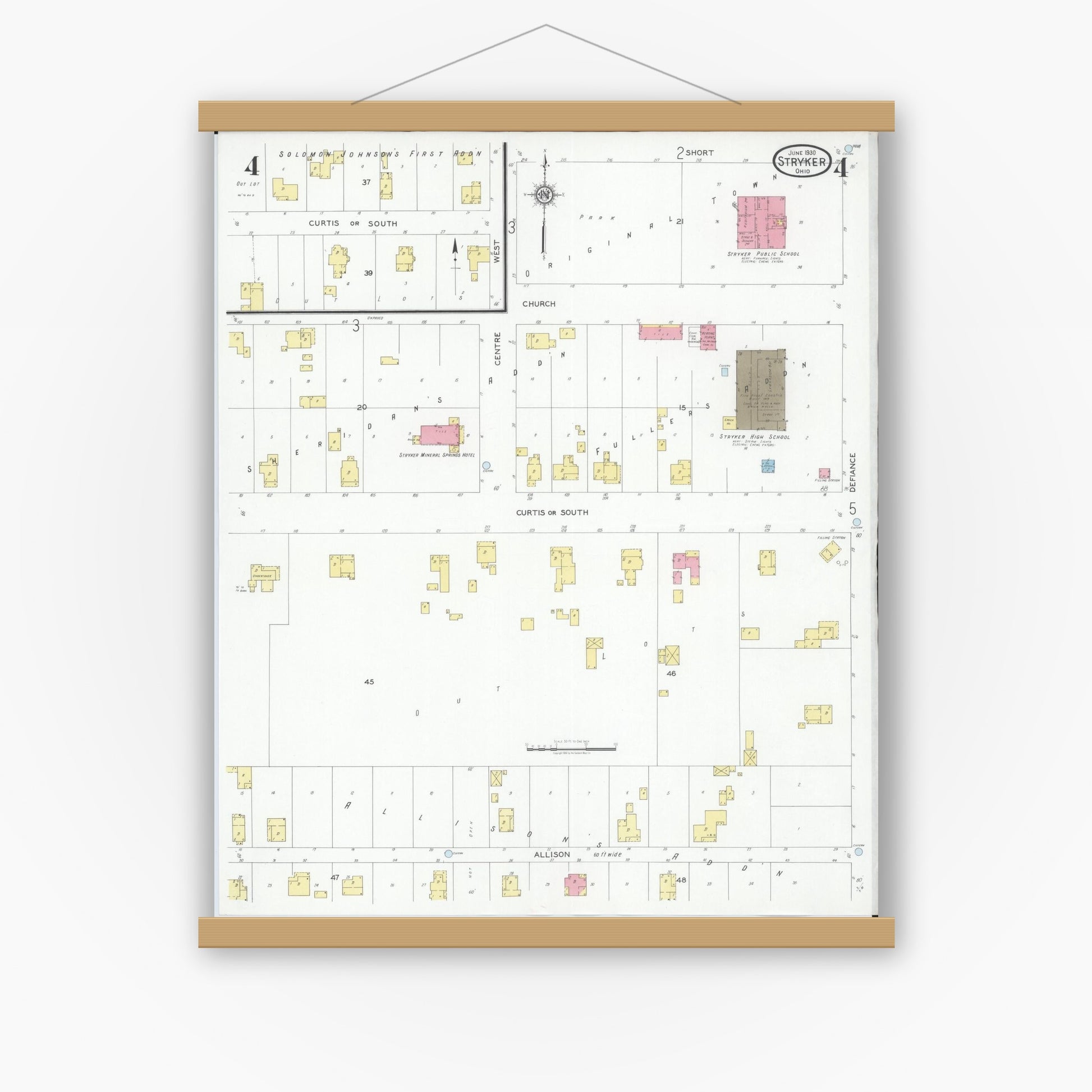 Old map wall art mockup — magnetic wood frame on white wall — Sanborn Fire Insurance Map from Stryker, Williams County, Ohio (1930), Sheet #0004