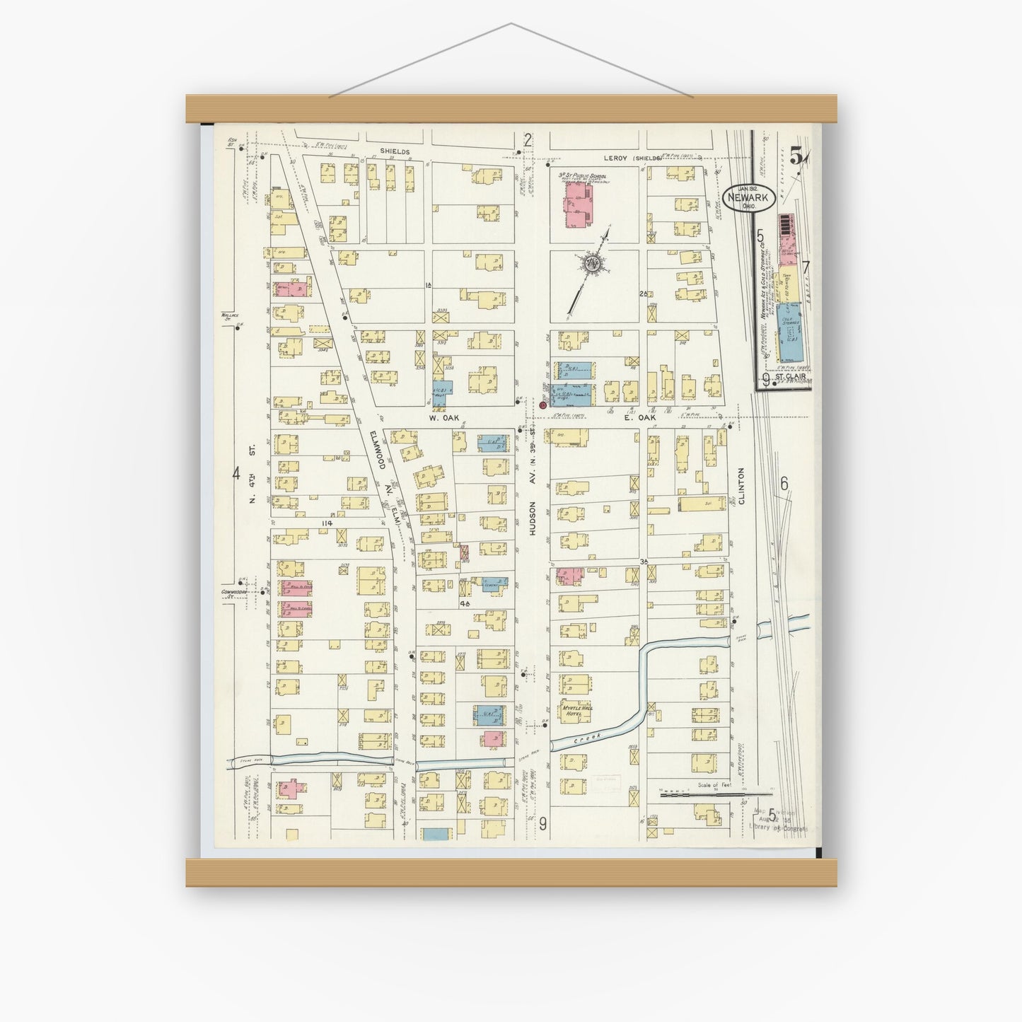 Old map wall art mockup — magnetic wood frame on white wall — Sanborn Fire Insurance Map from Newark, Licking County, Ohio (1912), Sheet #0005