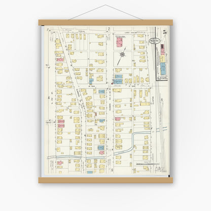 Old map wall art mockup — magnetic wood frame on white wall — Sanborn Fire Insurance Map from Newark, Licking County, Ohio (1912), Sheet #0005