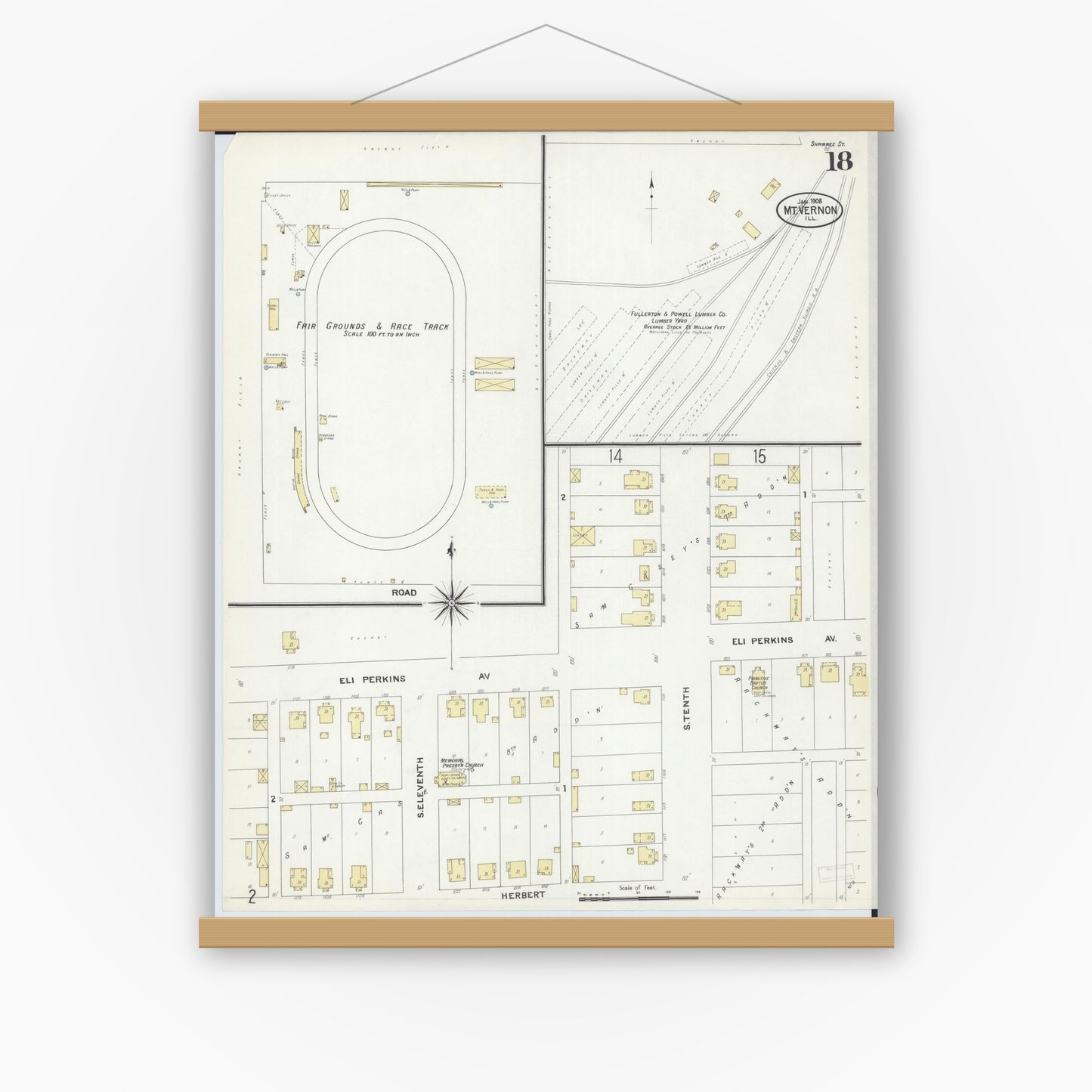 Old map wall art mockup — magnetic wood frame on white wall — Sanborn Fire Insurance Map from Mount Vernon, Jefferson County, Illinois (1908), Sheet #0018
