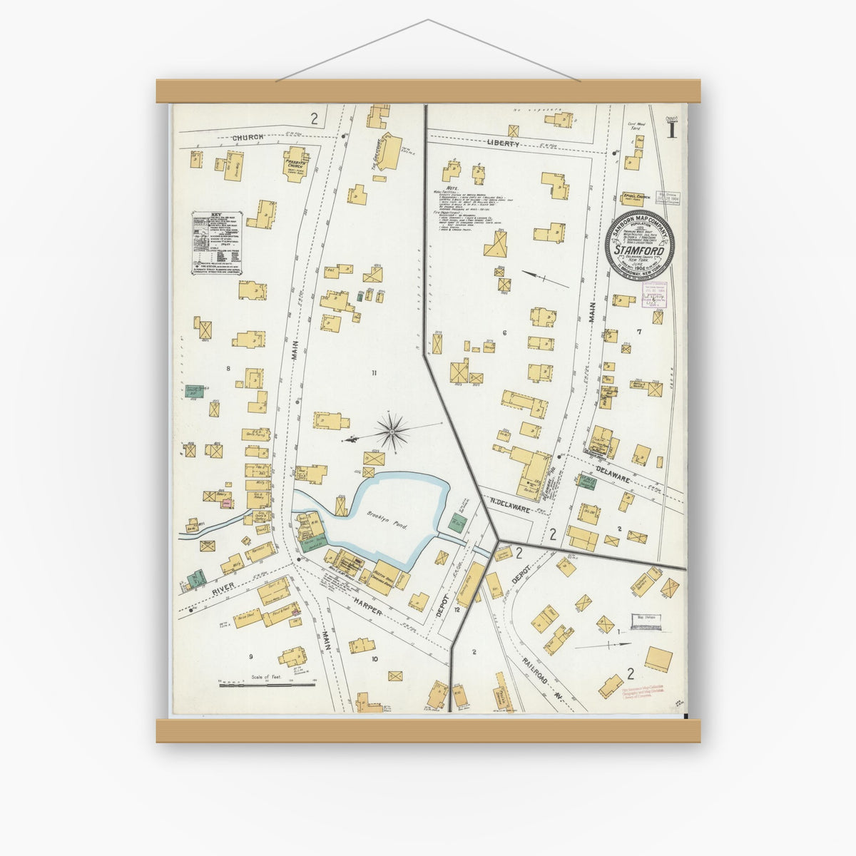 Old map wall art mockup — magnetic wood frame on white wall — Sanborn Fire Insurance Map from Stamford, Delaware County, New York (1904) - Complete Map Set