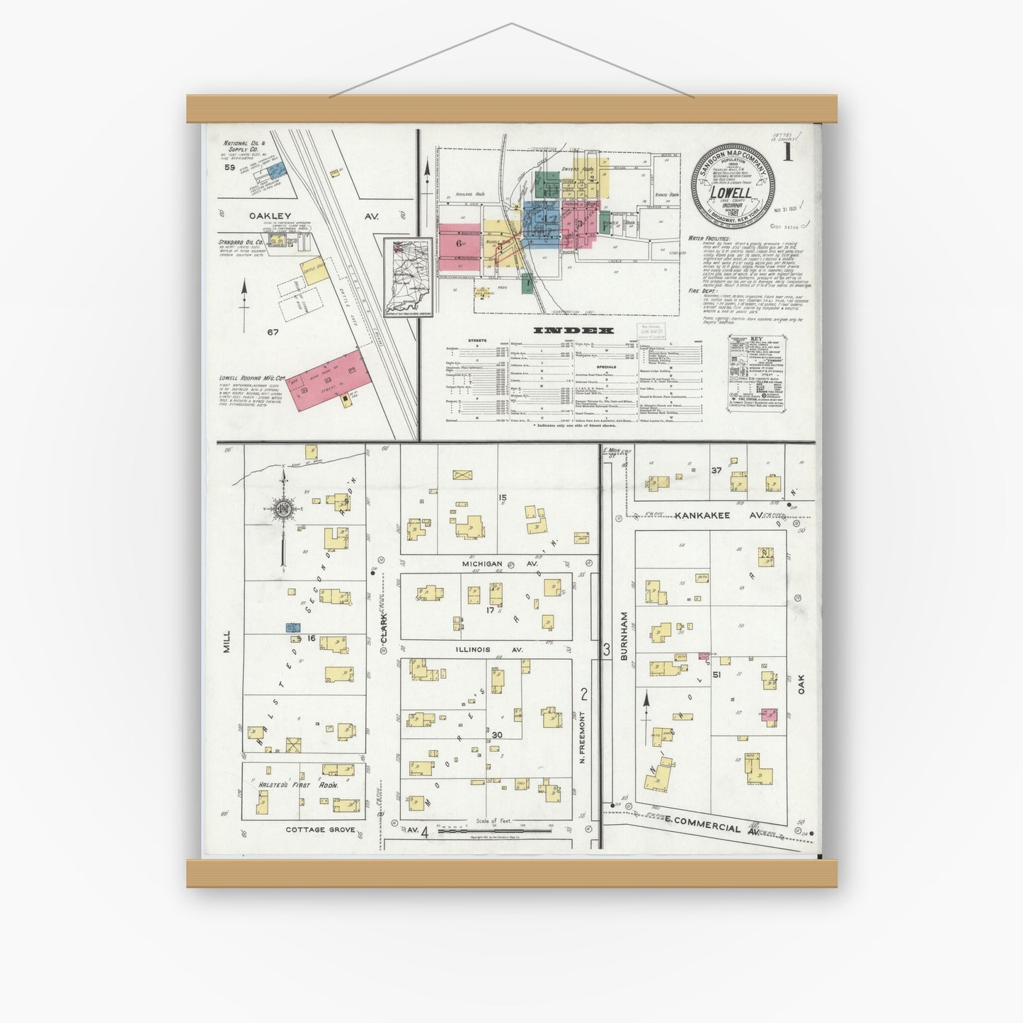 Old map wall art mockup — magnetic wood frame on white wall — Sanborn Fire Insurance Map from Lowell, Lake County, Indiana (1921) - Complete Map Set