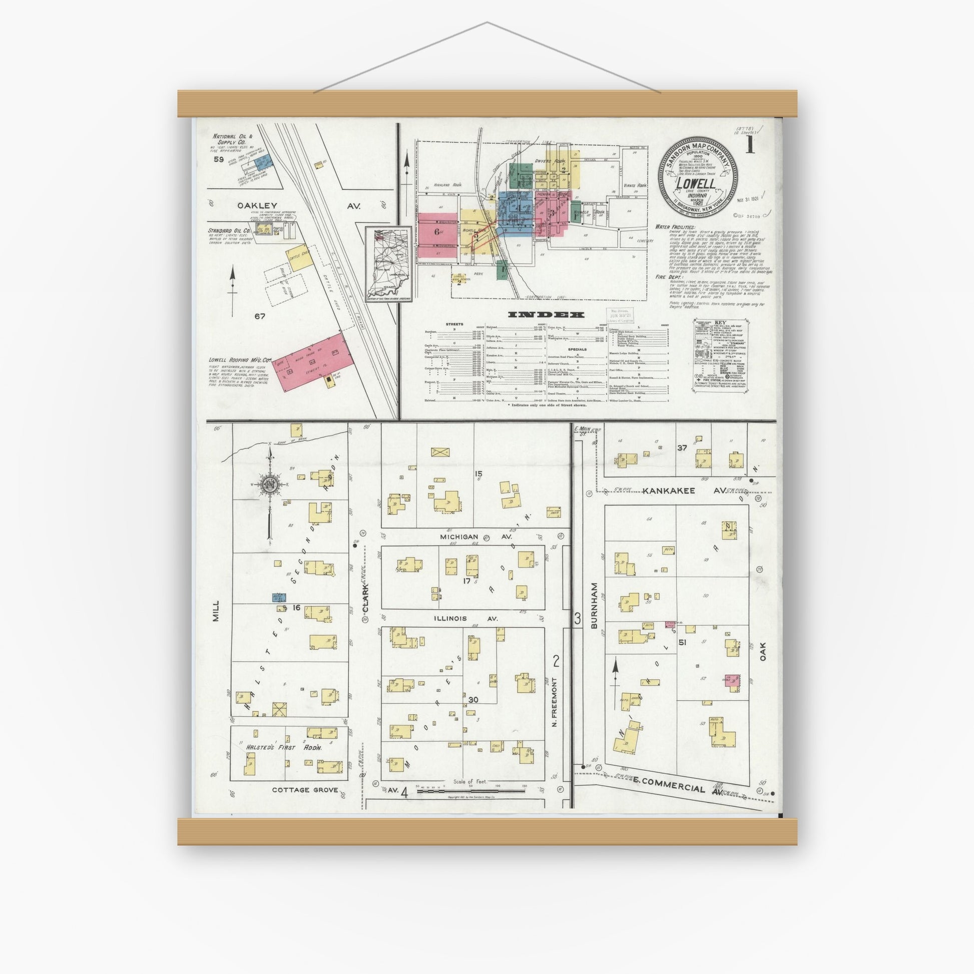 Old map wall art mockup — magnetic wood frame on white wall — Sanborn Fire Insurance Map from Lowell, Lake County, Indiana (1921) - Complete Map Set