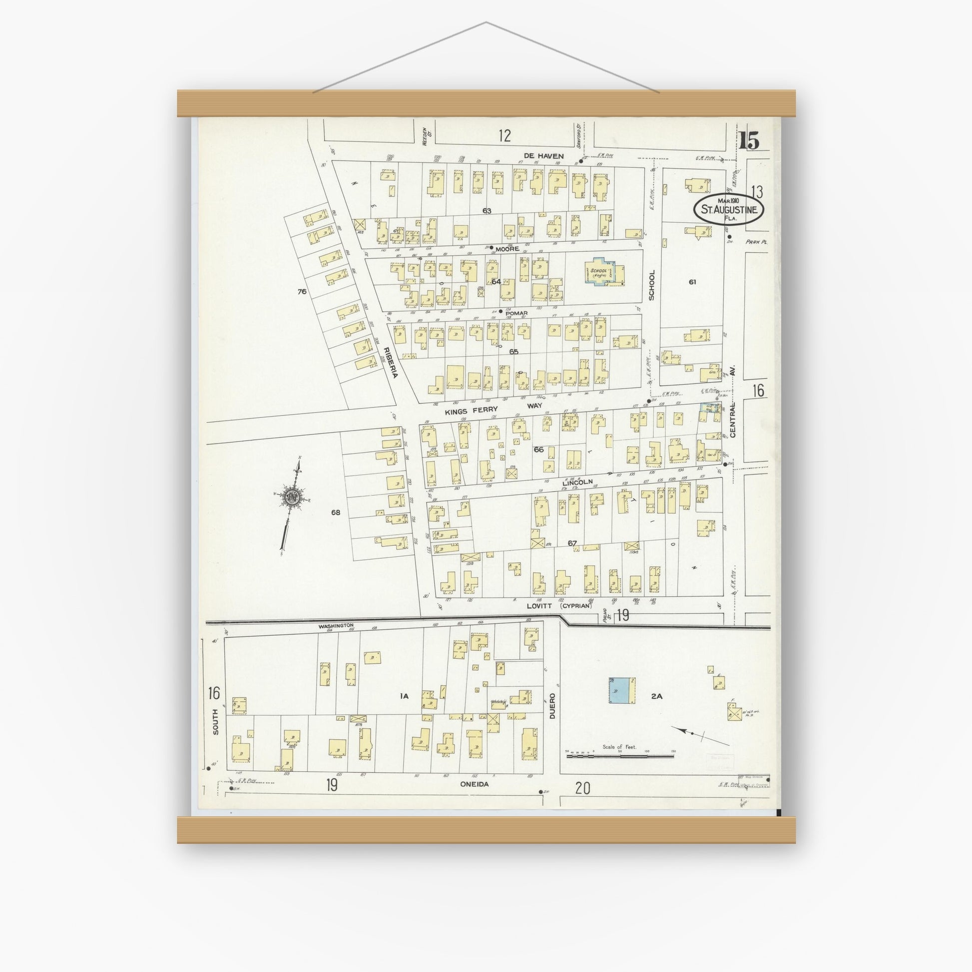Old map wall art mockup — magnetic wood frame on white wall — Sanborn Fire Insurance Map from Saint Augustine, Saint John's County, Florida (1910), Sheet #0015