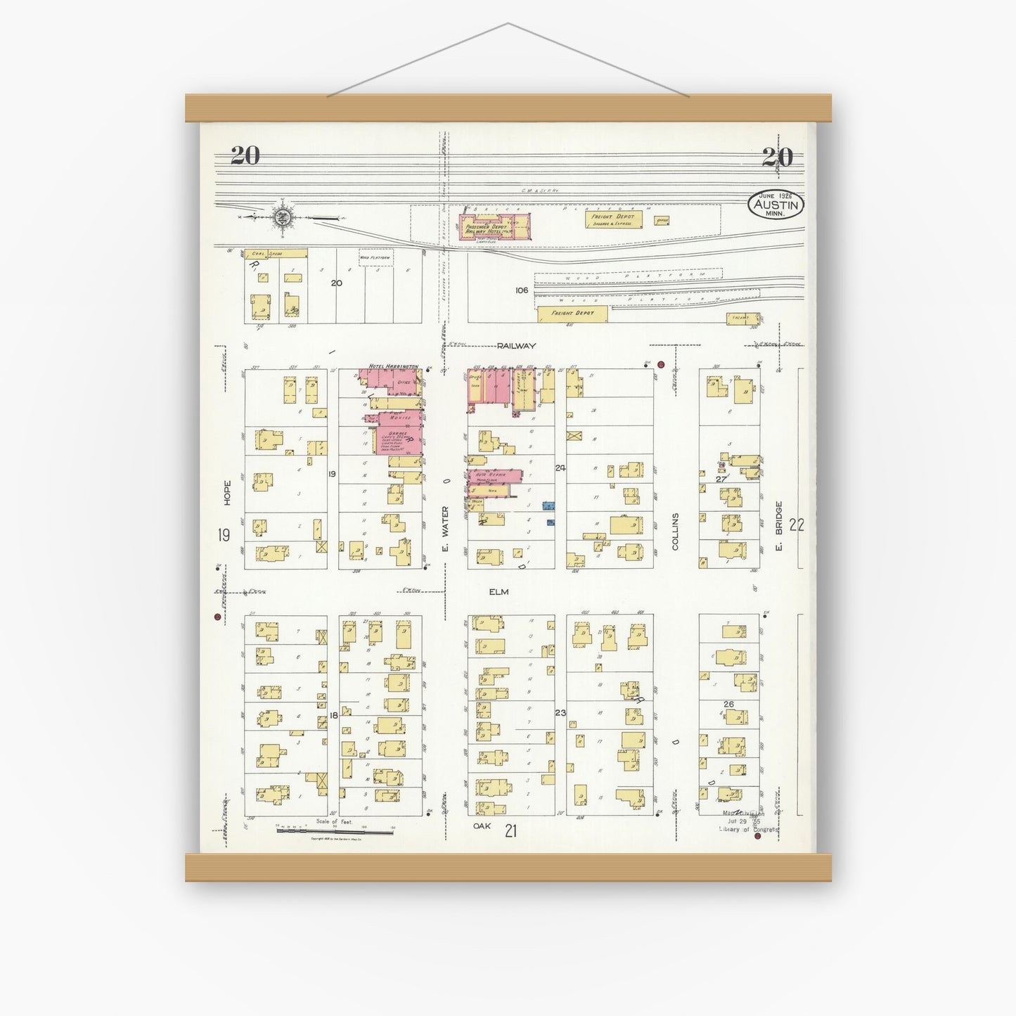 Old map wall art mockup — magnetic wood frame on white wall — Sanborn Fire Insurance Map from Austin, Mower County, Minnesota (1926), Sheet #0020