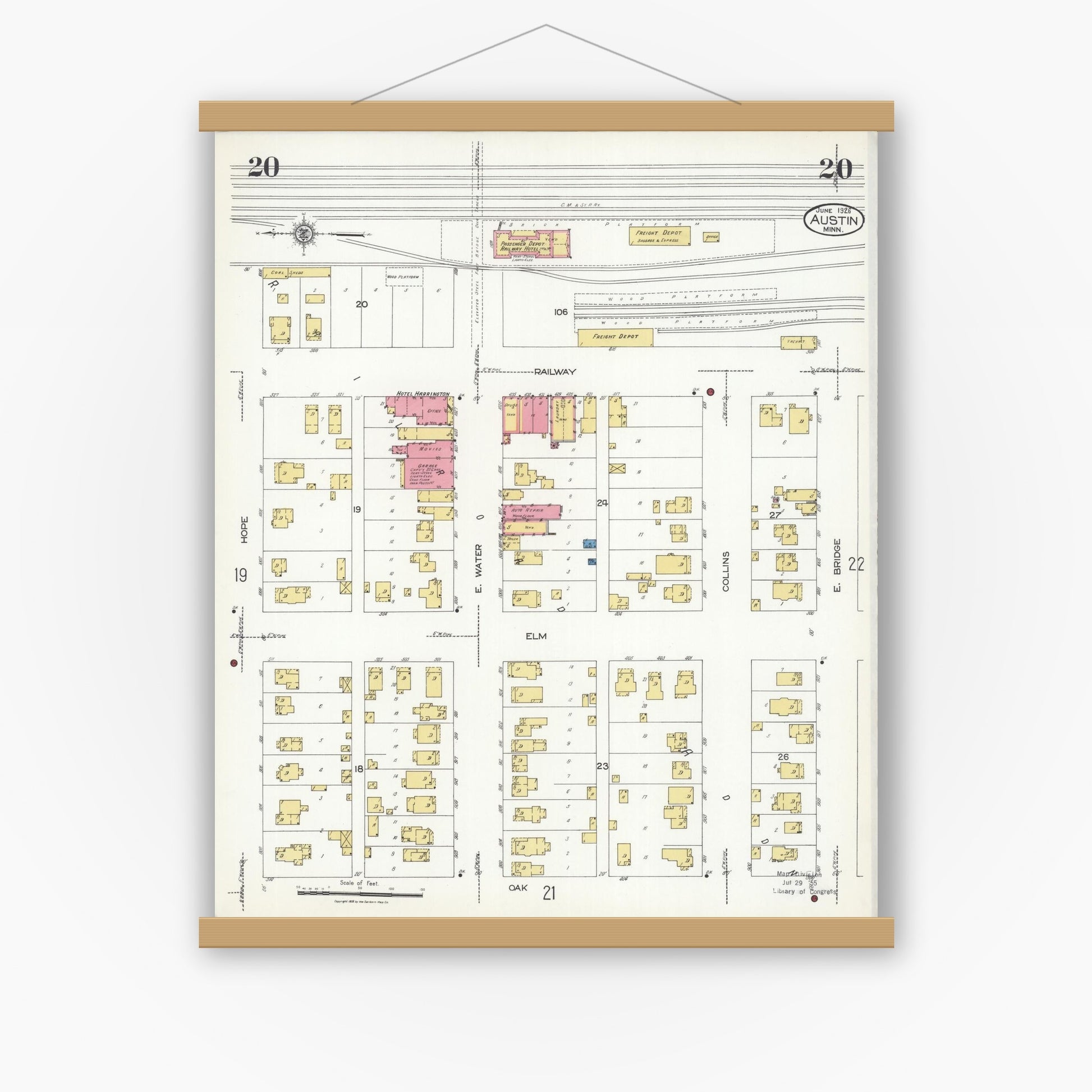 Old map wall art mockup — magnetic wood frame on white wall — Sanborn Fire Insurance Map from Austin, Mower County, Minnesota (1926), Sheet #0020