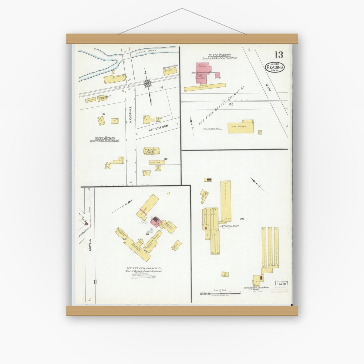Old map wall art mockup — magnetic wood frame on white wall — Sanborn Fire Insurance Map from Reading, Middlesex County, Massachusetts (1918), Sheet #0013