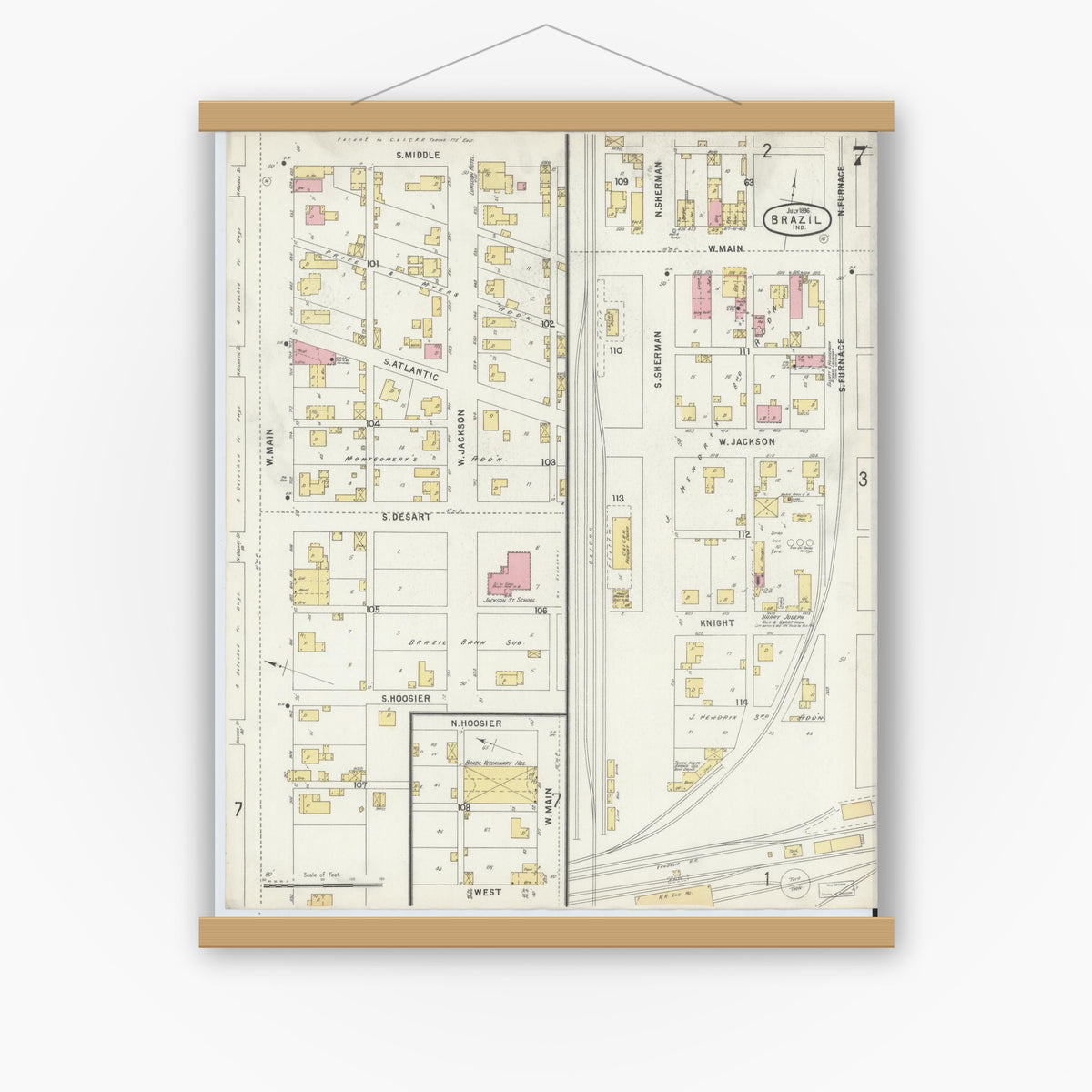 Old map wall art mockup — magnetic wood frame on white wall — Sanborn Fire Insurance Map from Brazil, Clay County, Indiana (1896), Sheet #0007