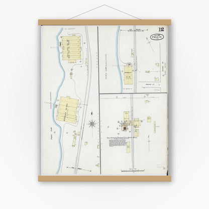 Old map wall art mockup — magnetic wood frame on white wall — Sanborn Fire Insurance Map from Pekin, Tazewell County, Illinois (1892), Sheet #0012