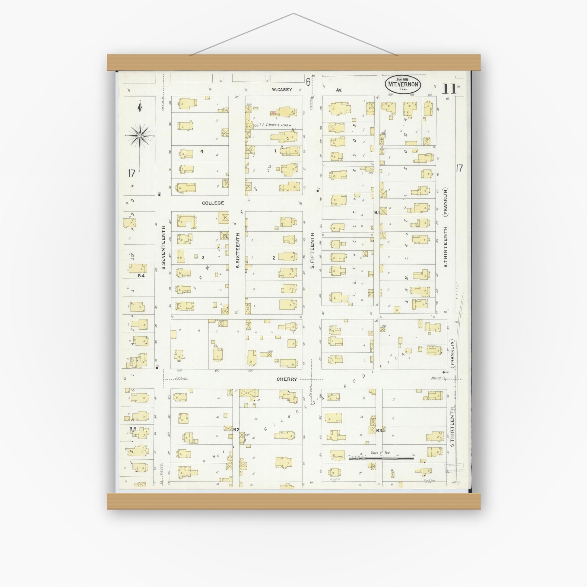 Old map wall art mockup — magnetic wood frame on white wall — Sanborn Fire Insurance Map from Mount Vernon, Jefferson County, Illinois (1908), Sheet #0011