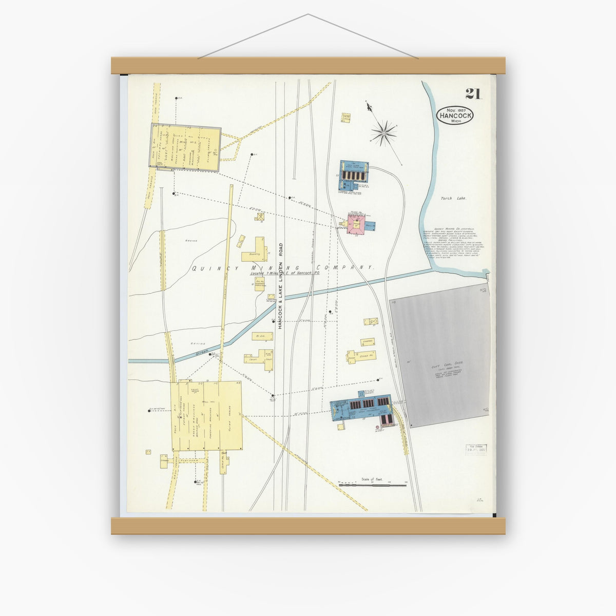 Old map wall art mockup — magnetic wood frame on white wall — Sanborn Fire Insurance Map from Hancock, Houghton County, Michigan (1907), Sheet #0021