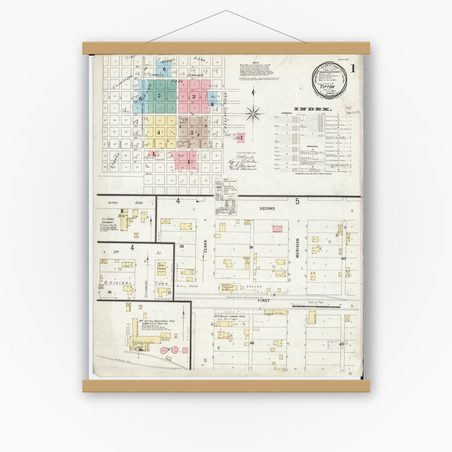 Old map wall art mockup — magnetic wood frame on white wall — Sanborn Fire Insurance Map from Tipton, Cedar County, Iowa (1897), Sheet #0001