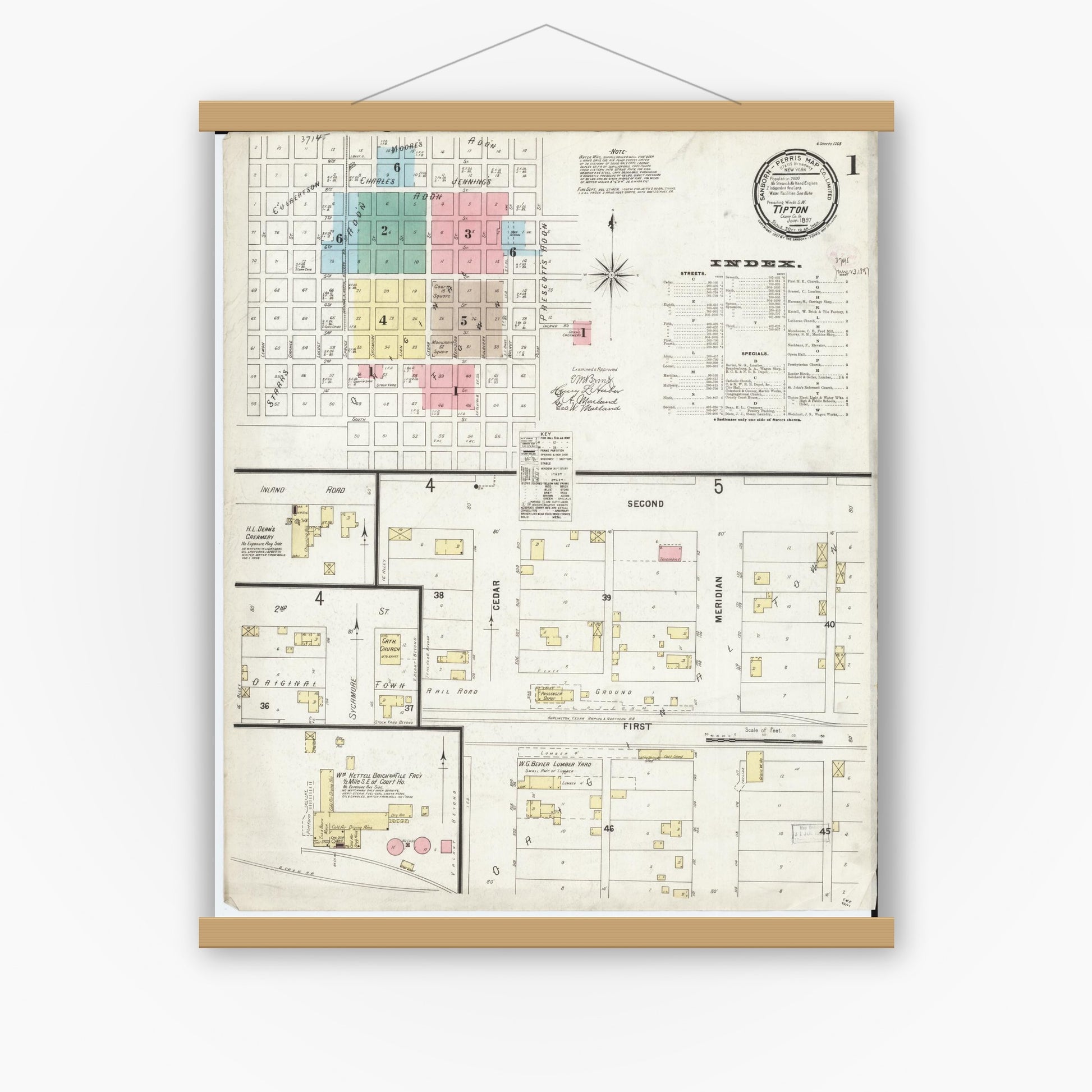 Old map wall art mockup — magnetic wood frame on white wall — Sanborn Fire Insurance Map from Tipton, Cedar County, Iowa (1897), Sheet #0001
