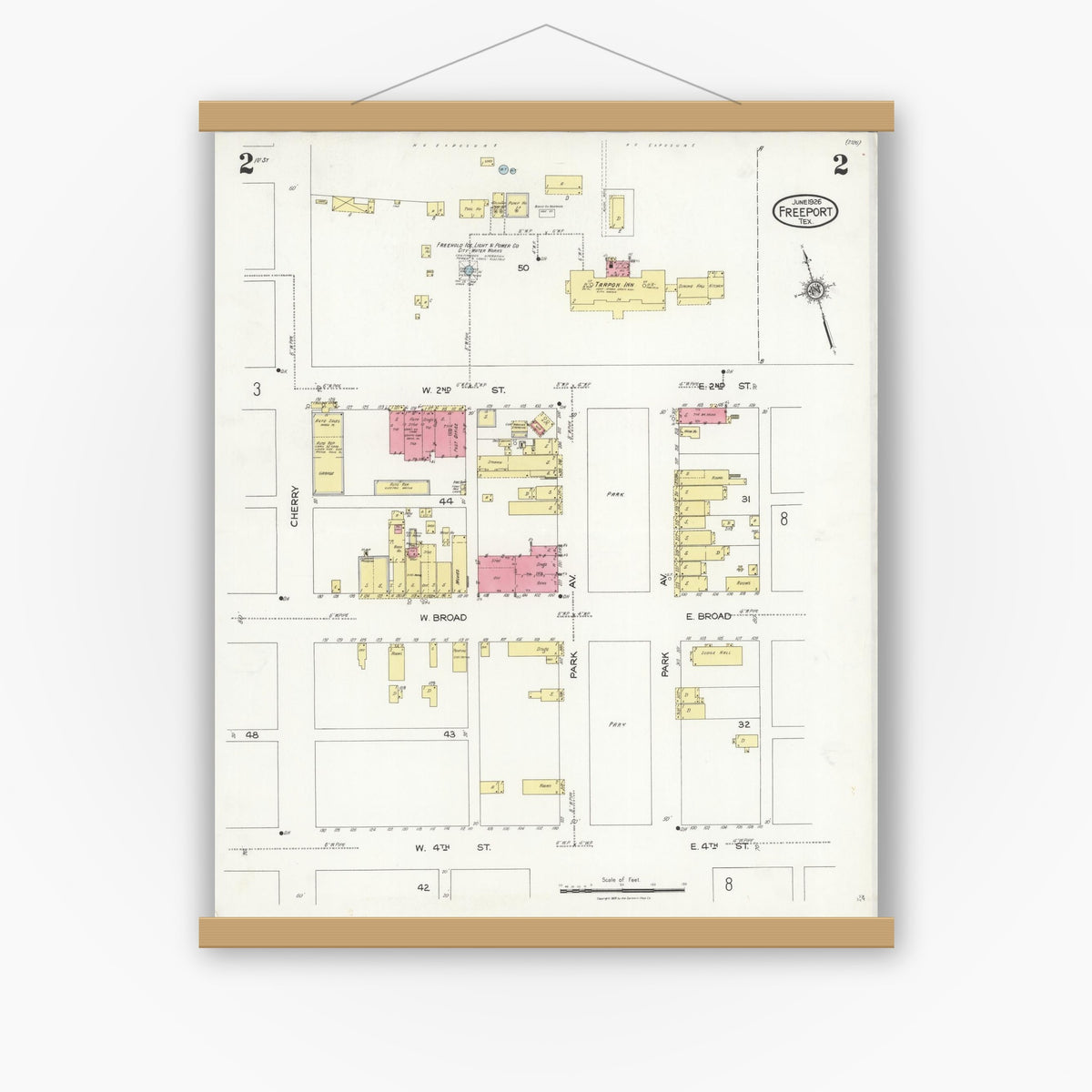 Old map wall art mockup — magnetic wood frame on white wall — Sanborn Fire Insurance Map from Freeport, Brazoria County, Texas (1926), Sheet #0002