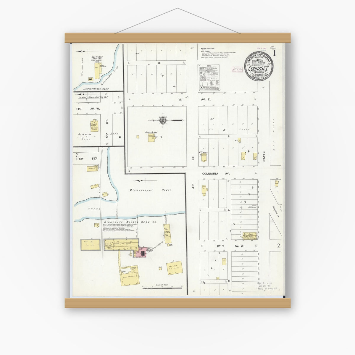 Old map wall art mockup — magnetic wood frame on white wall — Sanborn Fire Insurance Map from Cohasset, Itasca County, Minnesota (1909) - Complete Map Set