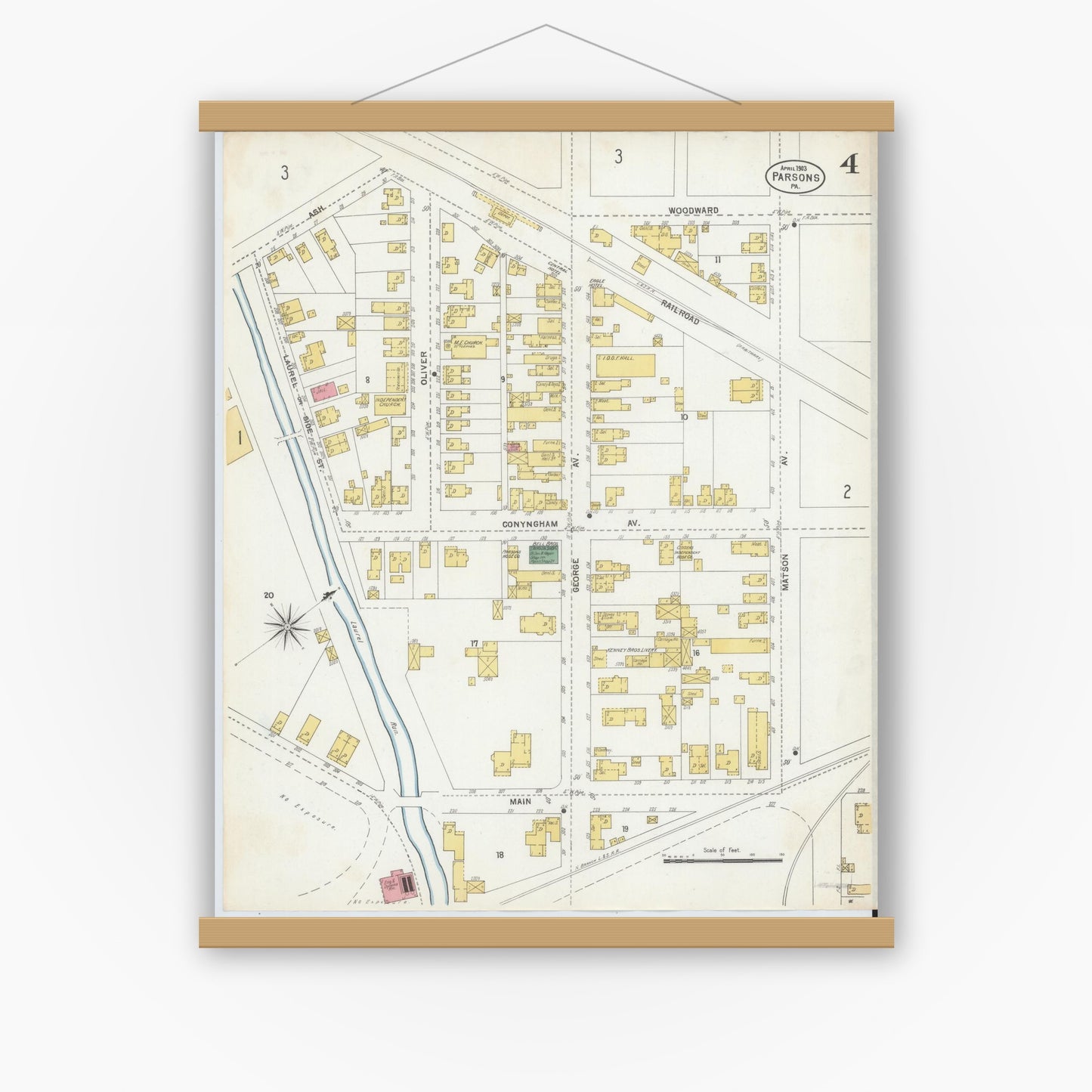 Old map wall art mockup — magnetic wood frame on white wall — Sanborn Fire Insurance Map from Parsons, Luzerne County, Pennsylvania (1903), Sheet #0004