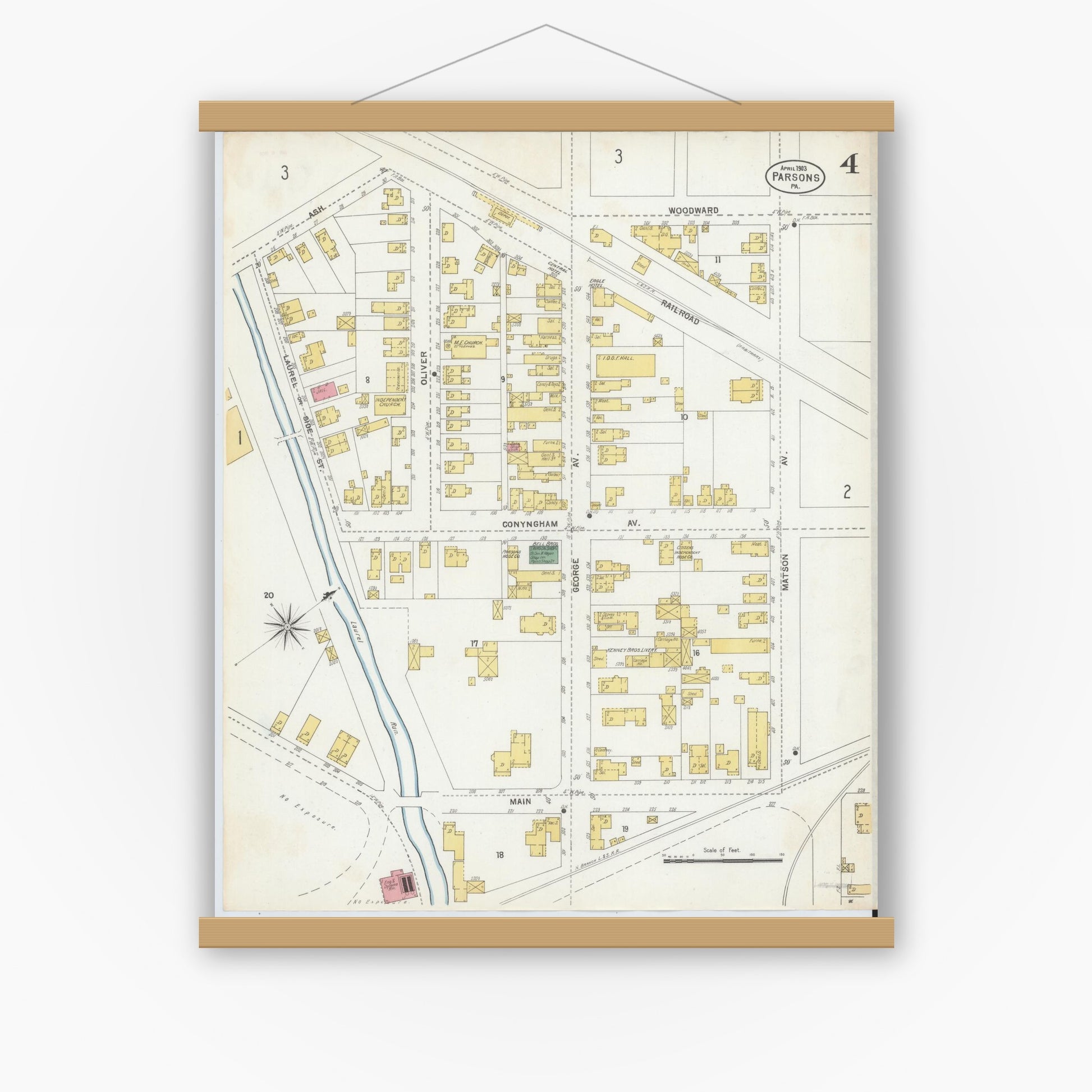 Old map wall art mockup — magnetic wood frame on white wall — Sanborn Fire Insurance Map from Parsons, Luzerne County, Pennsylvania (1903), Sheet #0004