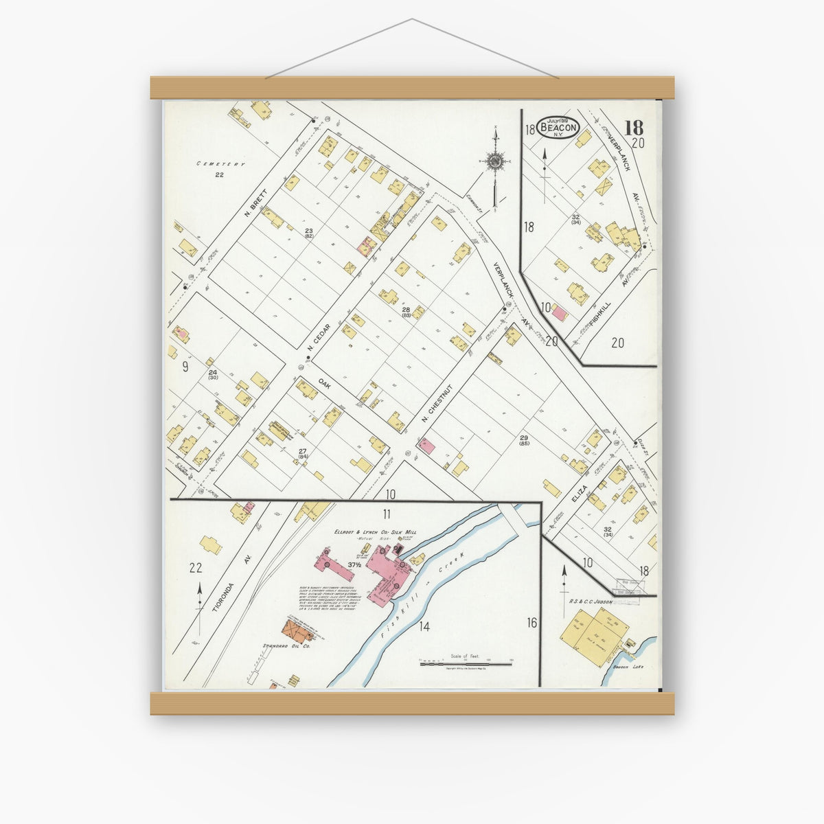 Old map wall art mockup — magnetic wood frame on white wall — Sanborn Fire Insurance Map from Beacon, Dutchess County, New York (1919), Sheet #0018