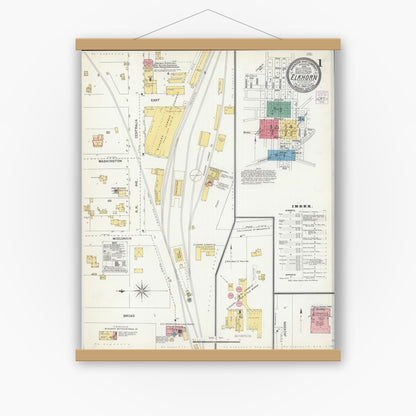 Old map wall art mockup — magnetic wood frame on white wall — Sanborn Fire Insurance Map from Elkhorn, Walworth County, Wisconsin (1904), Sheet #0001