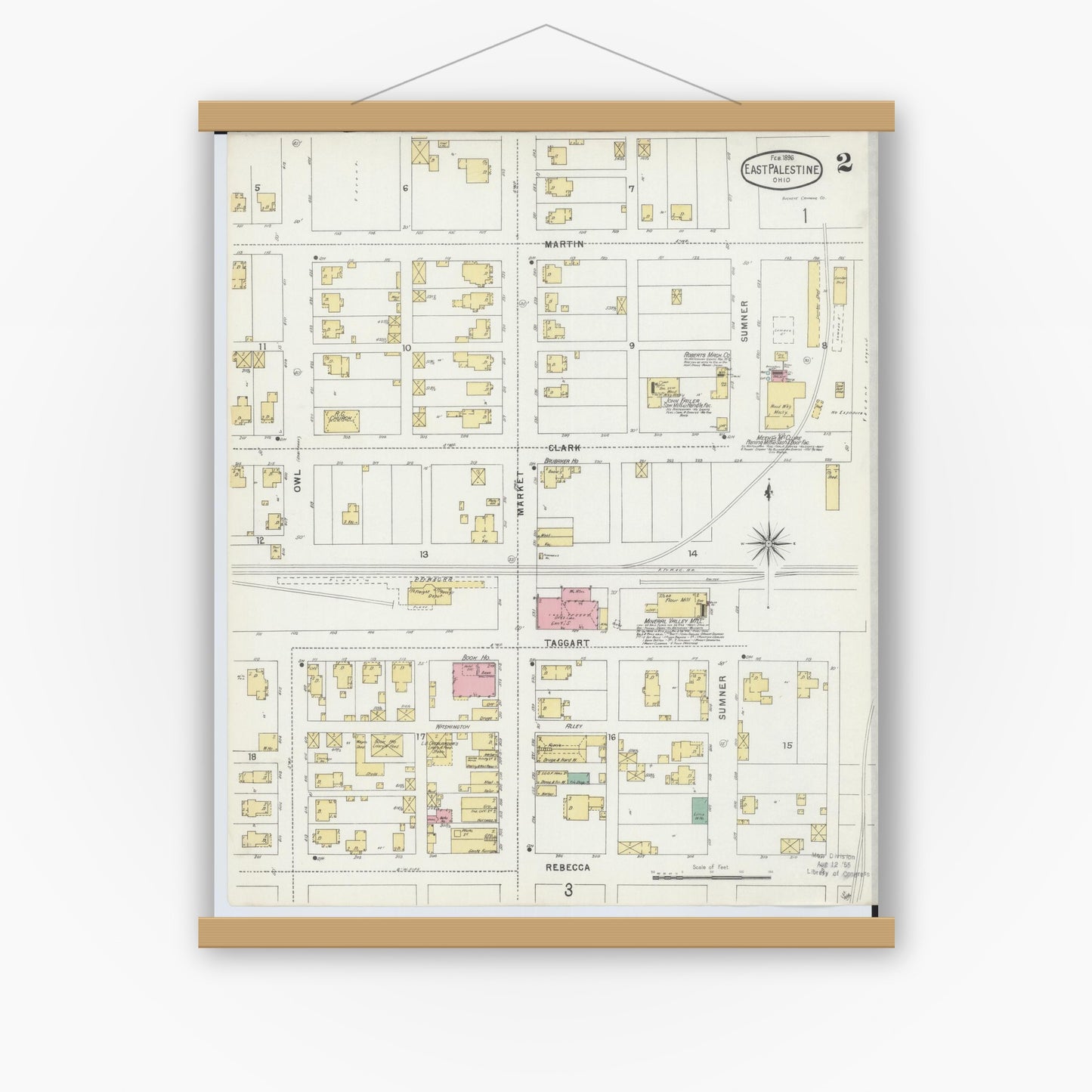 Old map wall art mockup — magnetic wood frame on white wall — Sanborn Fire Insurance Map from East Palestine, Columbiana County, Ohio (1896), Sheet #0002