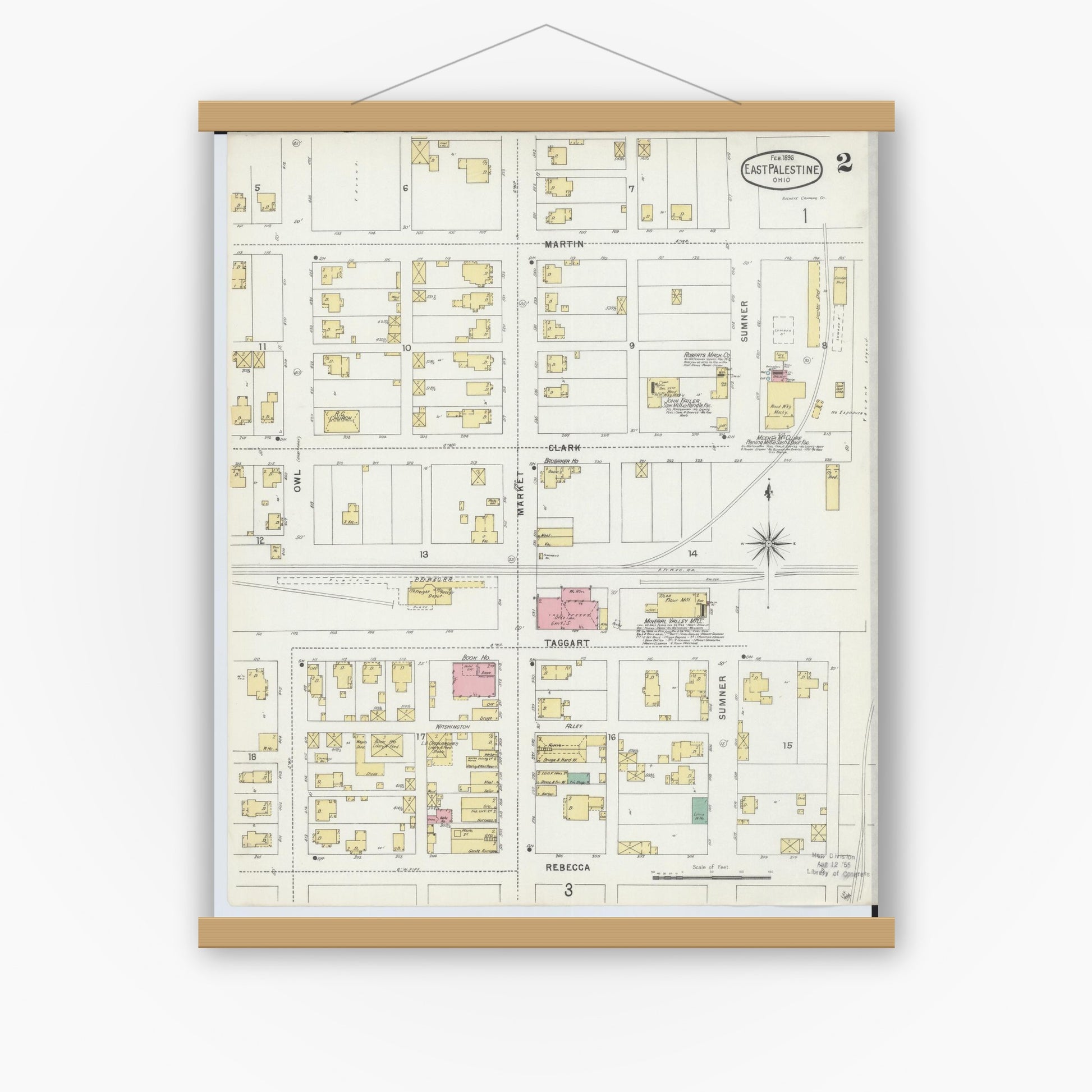 Old map wall art mockup — magnetic wood frame on white wall — Sanborn Fire Insurance Map from East Palestine, Columbiana County, Ohio (1896), Sheet #0002