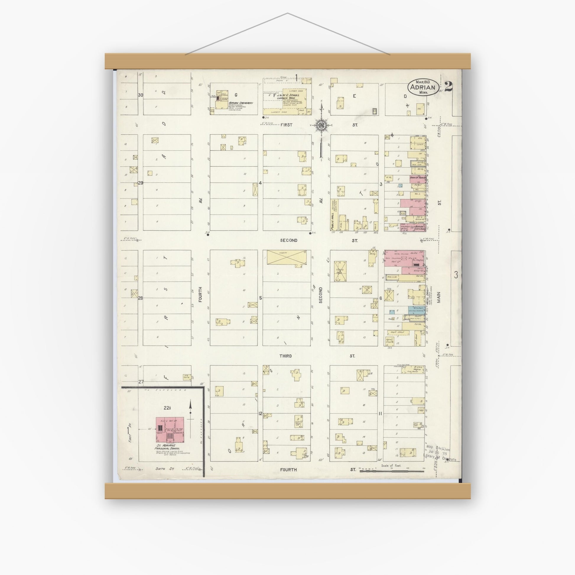 Old map wall art mockup — magnetic wood frame on white wall — Sanborn Fire Insurance Map from Adrian, Nobles County, Minnesota (1913), Sheet #0002
