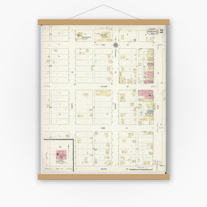 Old map wall art mockup — magnetic wood frame on white wall — Sanborn Fire Insurance Map from Adrian, Nobles County, Minnesota (1913), Sheet #0002