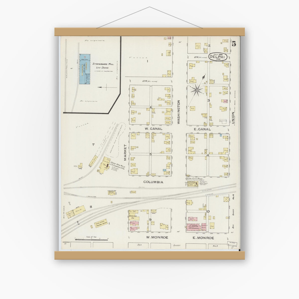 Old map wall art mockup — magnetic wood frame on white wall — Sanborn Fire Insurance Map from Delphi, Carroll County, Indiana (1886), Sheet #0005