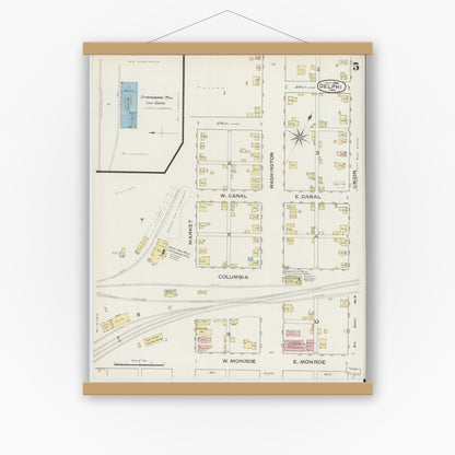 Old map wall art mockup — magnetic wood frame on white wall — Sanborn Fire Insurance Map from Delphi, Carroll County, Indiana (1886), Sheet #0005