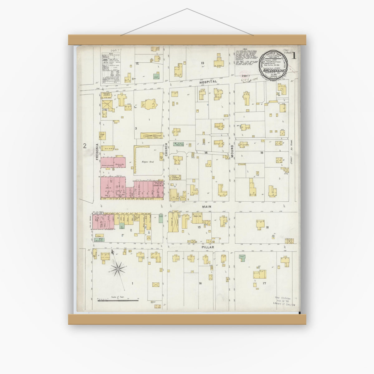 Old map wall art mockup — magnetic wood frame on white wall — Sanborn Fire Insurance Map from Nacogdoches, Nacogdoches County, Texas (1896), Sheet #0001