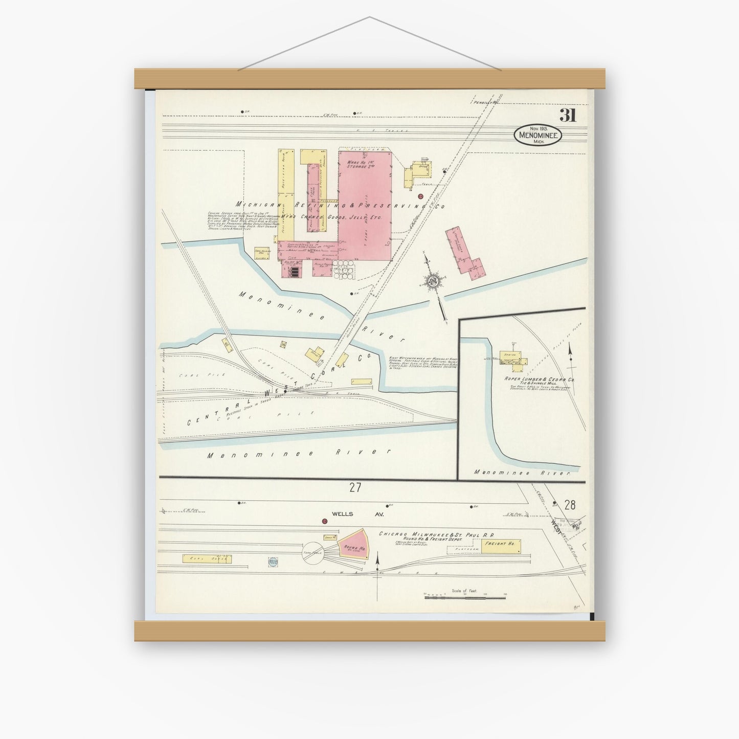 Old map wall art mockup — magnetic wood frame on white wall — Sanborn Fire Insurance Map from Menominee, Menominee County, Michigan (1913), Sheet #0031