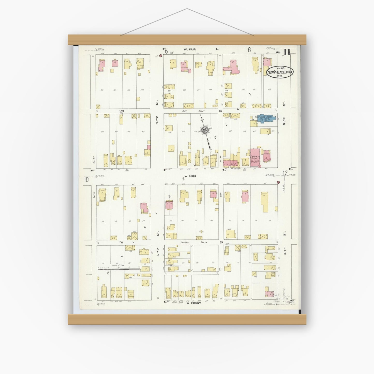 Old map wall art mockup — magnetic wood frame on white wall — Sanborn Fire Insurance Map from New Philadelphia, Tuscarawas County, Ohio (1910), Sheet #0011