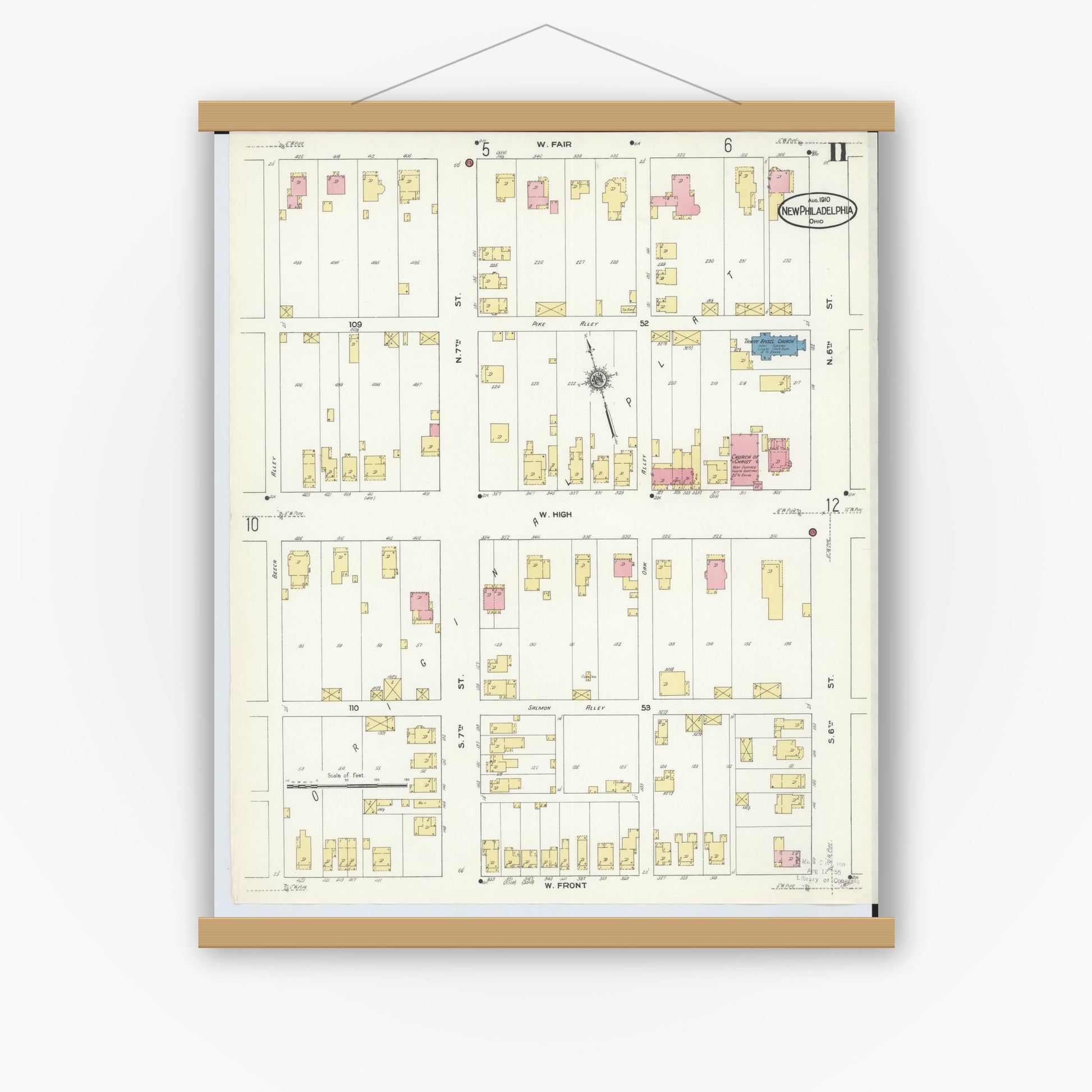 Old map wall art mockup — magnetic wood frame on white wall — Sanborn Fire Insurance Map from New Philadelphia, Tuscarawas County, Ohio (1910), Sheet #0011