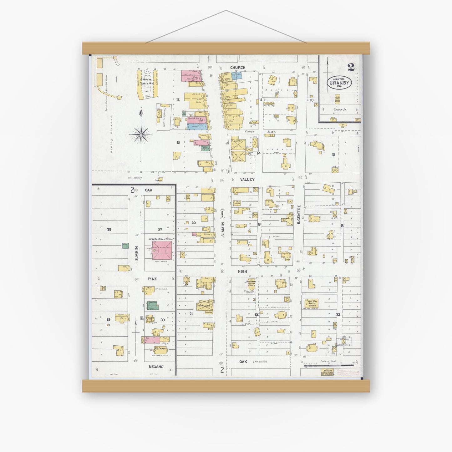 Old map wall art mockup — magnetic wood frame on white wall — Sanborn Fire Insurance Map from Granby, Newton County, Missouri (1902), Sheet #0002