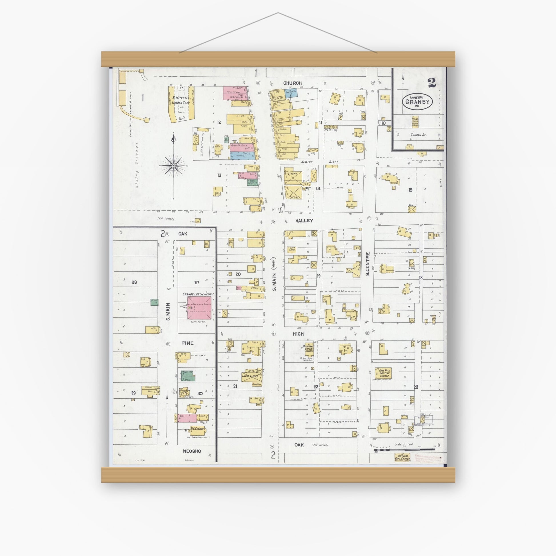 Old map wall art mockup — magnetic wood frame on white wall — Sanborn Fire Insurance Map from Granby, Newton County, Missouri (1902), Sheet #0002