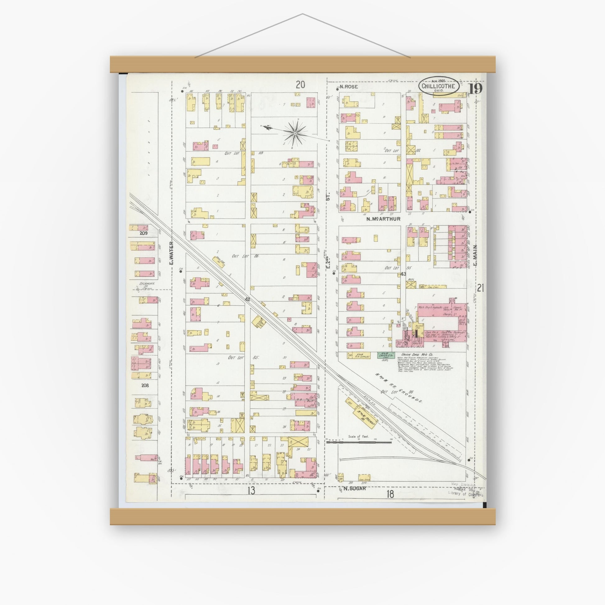 Old map wall art mockup — magnetic wood frame on white wall — Sanborn Fire Insurance Map from Chillicothe, Ross County, Ohio (1900), Sheet #0019